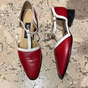 Red and White T-Strap Low Heel Pumps